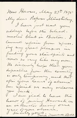 Ladd, George Trumbull, 1834-1921 autograph letter signed to Hugo Münsterberg, New Haven, Conn., 27 May 1895
