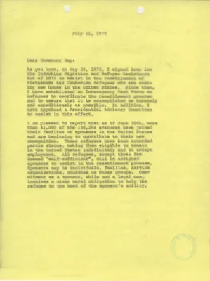 Letter from President Gerald R. Ford to Governor Robert D. Ray of Iowa Regarding Indochina Refugee Resettlement