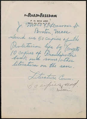 Literature Committee (The Road to Freedom) autograph note signed to J[oseph] Moro, New York, N. Y., [1920-1927]