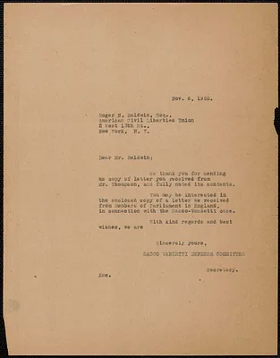 Sacco-Vanzetti Defense Committee typed note (copy) to Roger N. Baldwin (American Civil Liberties Union), Boston, Mass., November 6, 1925