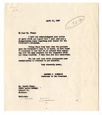 Letter from Gerald Flury to President Harry S. Truman with a Reply from Matthew Connelly