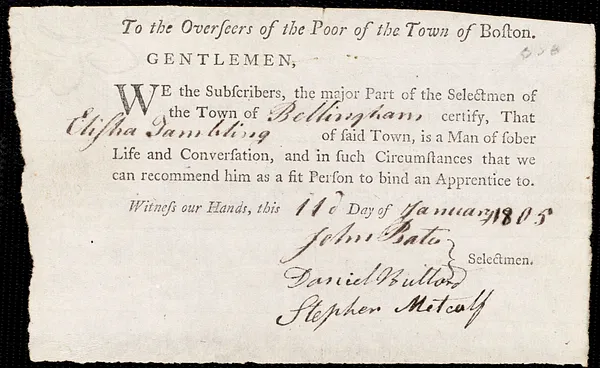 John Hale indentured to apprentice with Elisha Tambling of Bellingham, 16 January 1805