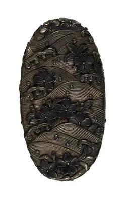 Kashira with Cherry Blossoms Floating on Waves