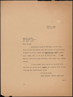 Sacco-Vanzetti Defense Committee typed letter (copy) to Marion Severn, Boston, Mass., January 4, 1928