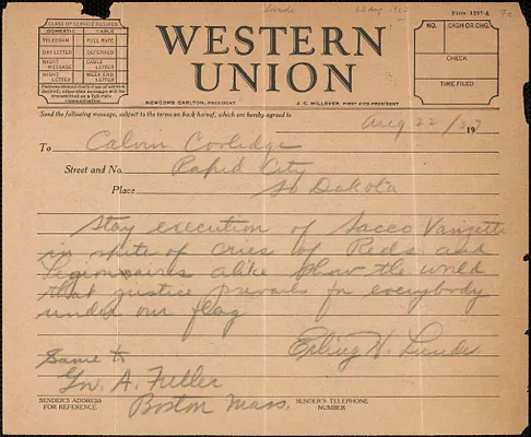 Erling H. Lunde autograph telegram (copy) to Calvin Coolidge, August 22, 1927