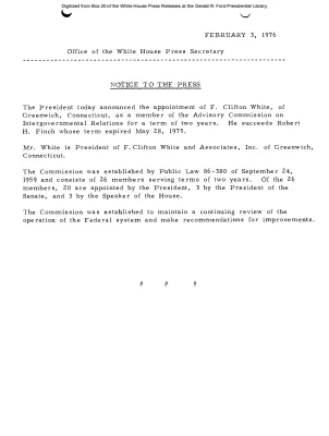 President Appoints F. Clifton White as a member of the Advisory Commission on Intergovernmental Relations [Position Appointments and Resignations]
