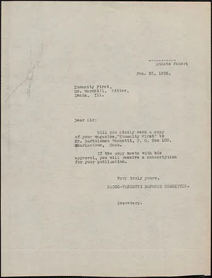 Amleto Fabbri (Sacco-Vanzetti Defense Committee) typed note (copy) to Humanity First, Boston, Mass., January 22, 1926