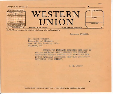 Telegram to Dr. Herman Schlundt, December 17, 1929