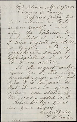 Letter from F. W. Evans, Mt. Lebanon, to Darwin C. Pavey, 1885 April 27