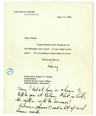 Letter from Harry S. Truman to Edgar Hinde