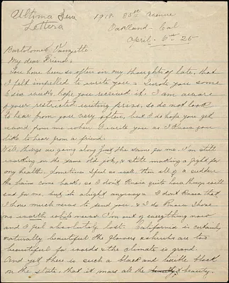 Kate M. Dial autographed letter signed to Bartolomeo Vanzetti, Oakland, Cal., 6 April 1925