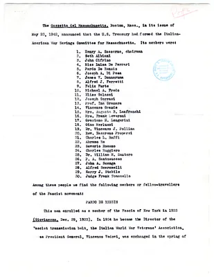 List of Members of Italian-American War Savings Committee for Massachusetts