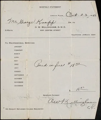 Monthly statement from O. W. Billingham, D. M. D., for Mr. George Knapp, Oct 23, 1935