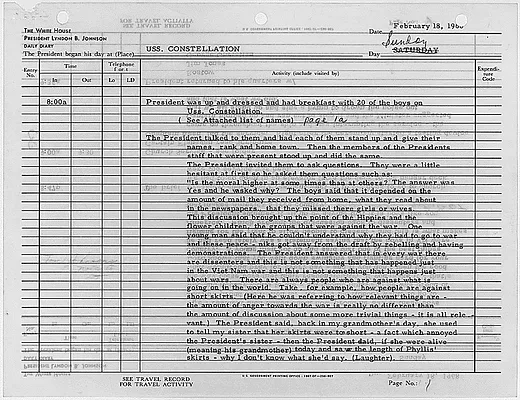 President's Daily Diary Entry, February 18, 1968