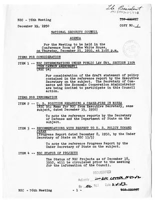 Agenda for the Seventy-Sixth Meeting of the National Security Council