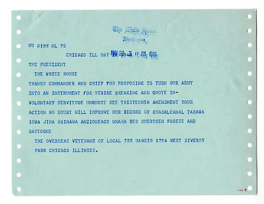 Telegram from the Overseas Veterans of United Autoworkers Local 788 to President Harry S. Truman