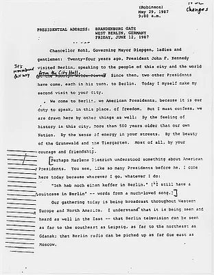 Presidential Address: Brandenburg Gate, (West) Berlin, German, Friday, June 12, 1987 (5/29/1987 NSC draft)