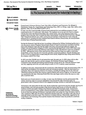 Review of Pennsylvania's Delaware Division Canal: Sixty Miles of Euphoria and Frustration by Albright G. Zimmerman, 2003