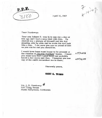 Correspondence Between President Harry S. Truman and Joseph B. Hardaway
