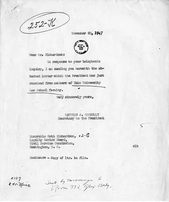 Letter from Matthew Connelly to Seth Richardson with Attachment