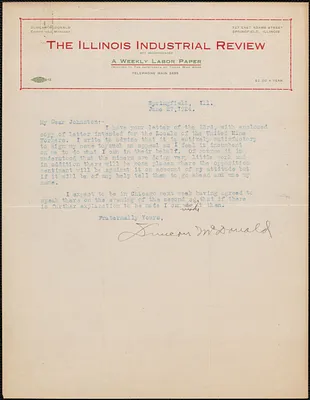 Duncan McDonald (The Illinois Industrial Review) typed letter signed to Johnston, Springfield, Ill., June 27, 1924