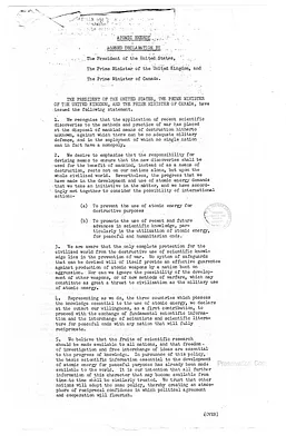 Memorandum, Atomic Energy - Agreed Declaration by the President of the United States, the Prime Minister of the United Kingdom, and the Prime Minister of Canada