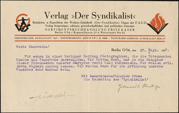 Verlag Der Syndikalist typed note signed to Sacco-Vanzetti Defense Committee, Berlin, Germany, September 27, 1927