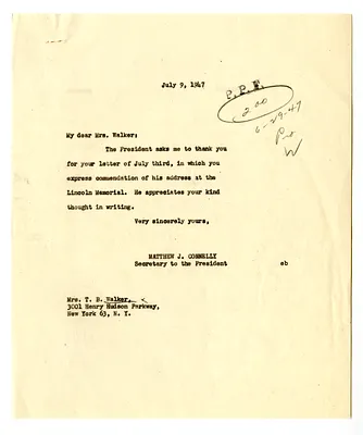 Letter from Mary C. Walker to President Harry S. Truman with a Reply from Matthew Connelly