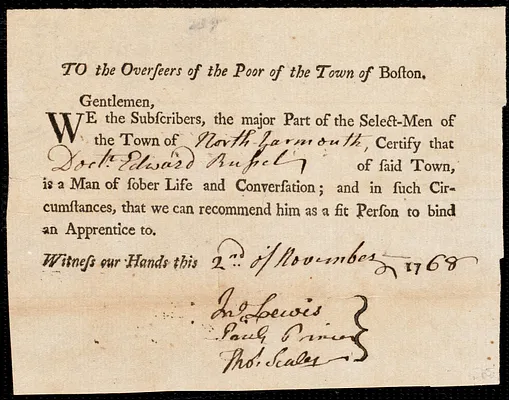 Mary Akley indentured to apprentice with Edward Russel of North Yarmouth, 6 September 1768