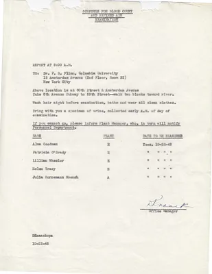 Memorandum to Alma Goodman, Patricia O'Grady, Lillian Wheeler, Helen Tracy, Julia Bornemann Moench, October 22, 1948