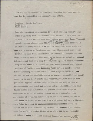 Isaac Don Levine telegram (copy) to Calvin Coolidge, [August 1927?]
