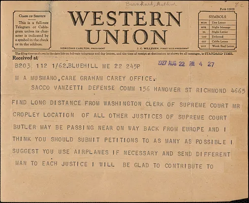 Arthur Barnhart telegram to M. A. Musmanno, Blue Hill, Me., August 22, 1927