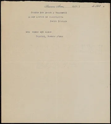 Pedro Taboada typed note, in Spanish, to Sacco-Vanzetti Defense Committee, Buenos Aries, Argentina, July 9, 1924