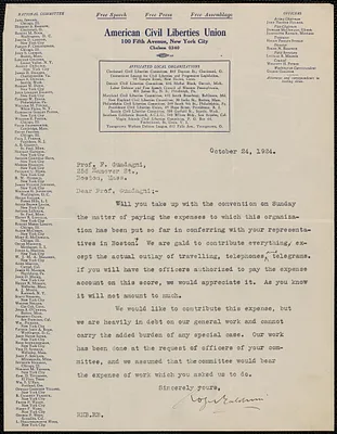 Roger N. Baldwin (American Civil Liberties Union) typed letter signed to Felice Guadagni, New York, N.Y., October 24, 1924