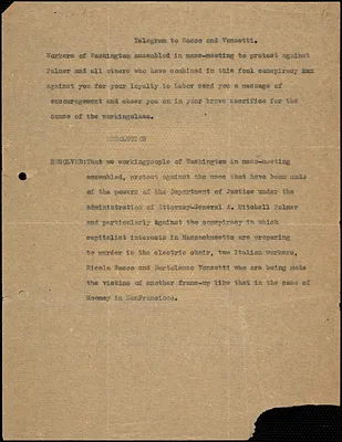 Workers of Washington telegram to Nicola Sacco and Bartolomeo Vanzetti