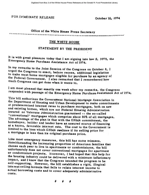 President Signs S. 3979, the Emergency Home Purchase Assistance Act of 1974 [Signing Statements and Announcements]