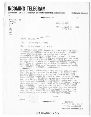 Telegram from Lockett to Secretary of State Dean Acheson