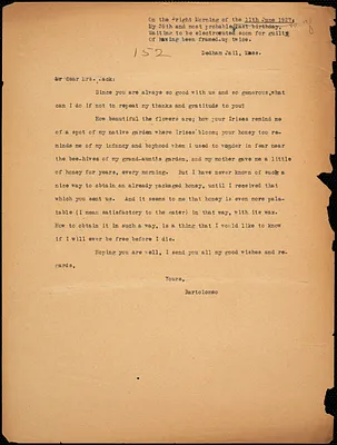 Bartolomeo Vanzetti typed letter (copy) to Cerise Jack, Dedham, 11 June 1927
