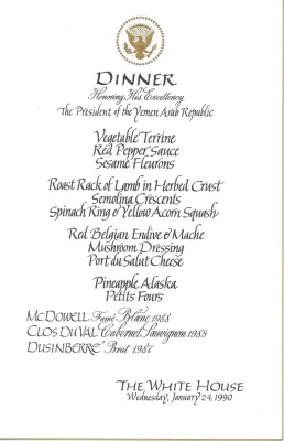 Cards-Menus, Dinner, Honoring His Excellency The President of the Yemen Arab Republic, The White House, January 24, 1990