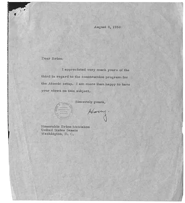 Correspondence Between President Harry S. Truman and Senator Brien McMahon