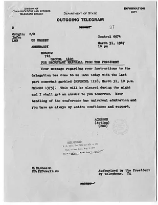 Telegram from Walter Bedell Smith to the Department of State with a Reply from Acting Secretary of State Dean Acheson