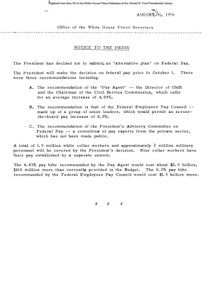 President has decided not to submit an "alternative plan" on Federal Pay [Notice to Press]