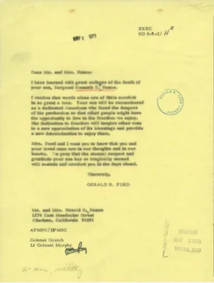 Letter from President Gerald R. Ford to Mr. and Mrs. Harold E. Nance Regarding the Death of Their Son Sergeant Kenneth E. Nance