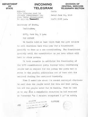Telegram from Jefferson Caffery to Secrertary of State Edward Stettinius