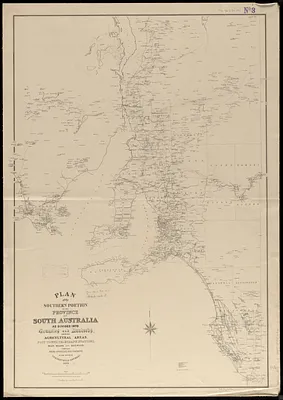 Plan of the southern portion of the province of South Australia as divided into counties and hundreds, showing agricultural areas, post towns, telegraph stations, main roads and railways