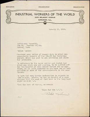 Arthur Coleman typed letter signed to Bartolomeo Vanzetti, Chicago, 22 January 1926