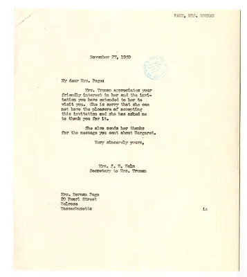 Letter from Margaret Page to Bess W. Truman with a Reply from Edith Helm