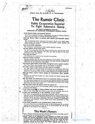 Newspaper Article from Syracuse Post Standard, "The Rumor Clinic: Public Co-operation Essential To Fight Subversive Group," by Warren B. Walsh