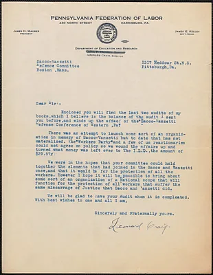 Leonard Craig (Pennsylvania Federation of Labor) typed letter signed to Sacco-Vanzetti Defense Committee, Pittsburgh, Pa., [November 1927]