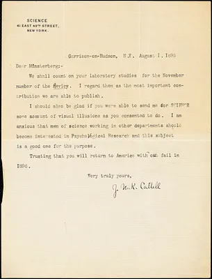Cattell, James McKeen, 1860-1944 typed letter signed to Hugo Münsterberg, Garrison-on-Hudson, 1 August 1895